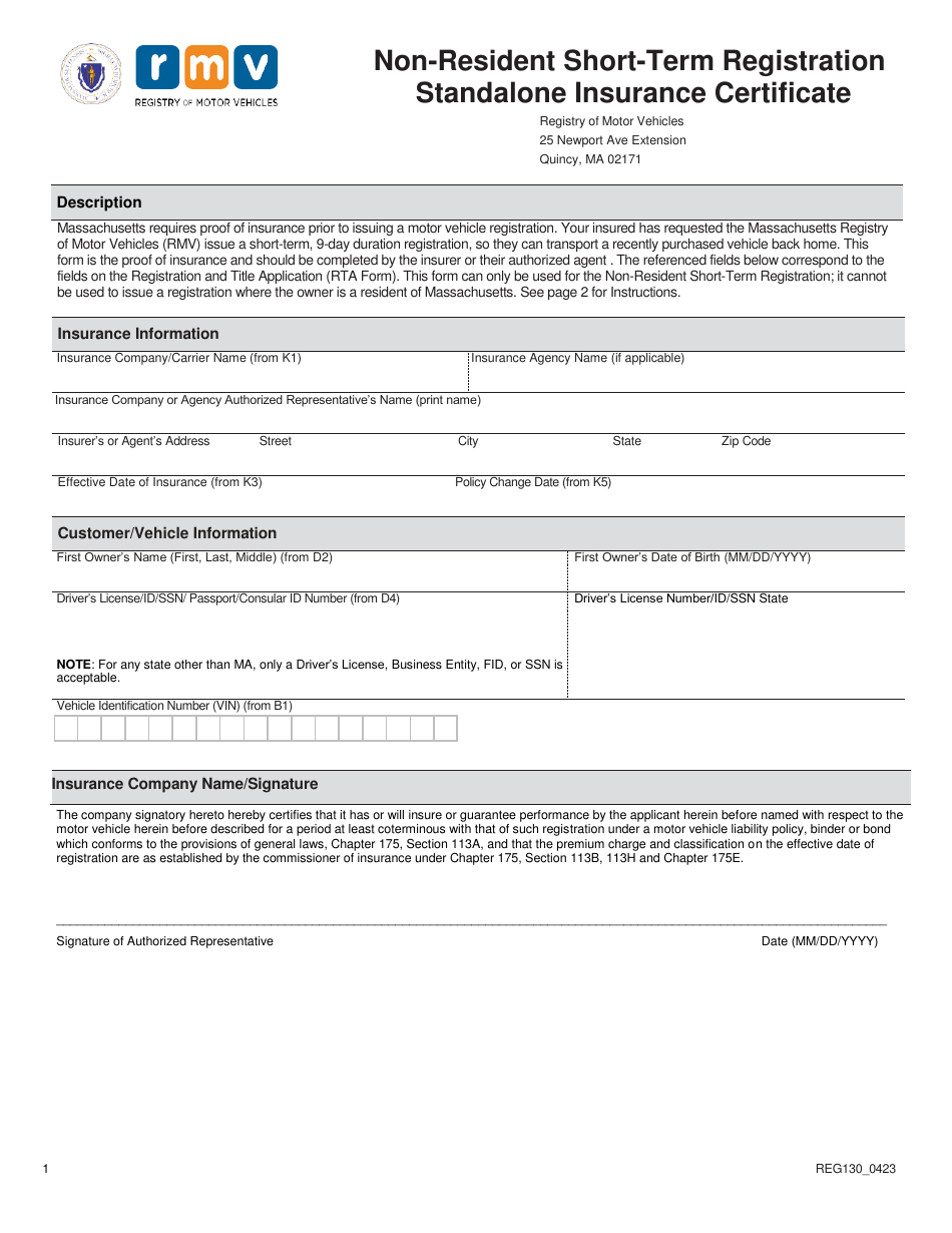 Form REG130 Non-resident Short-Term Registration Standalone Insurance Certificate - Massachusetts, Page 1