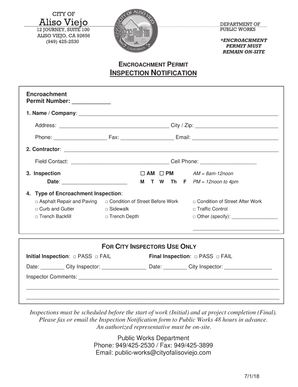 City of Aliso Viejo, California Encroachment Permit Inspection ...