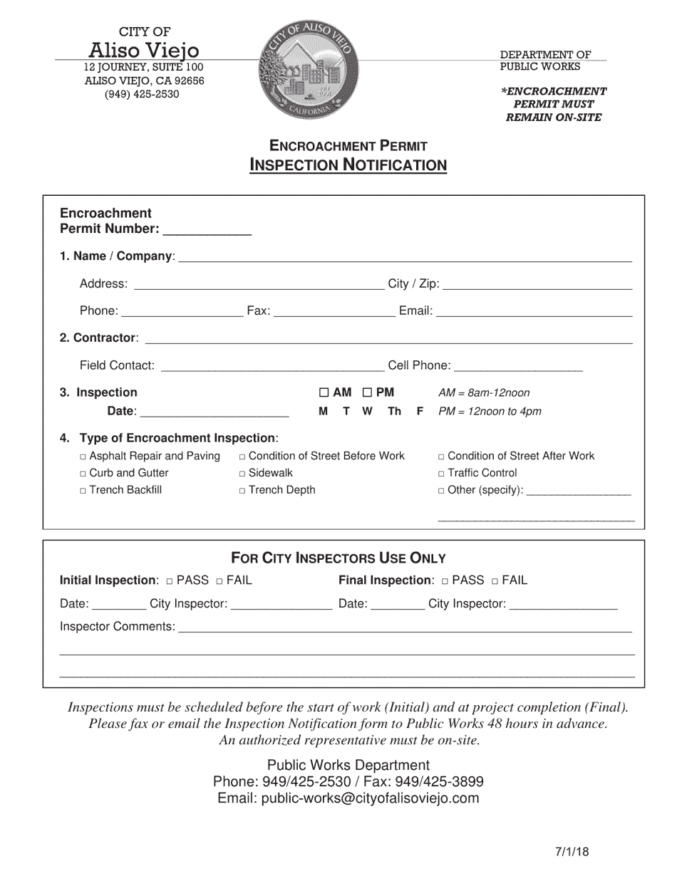 Encroachment Permit Inspection Notification - City of Aliso Viejo, California, Page 1