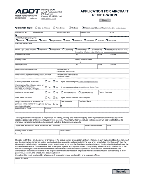 Form 05-0501 Application for Aircraft Registration - Arizona