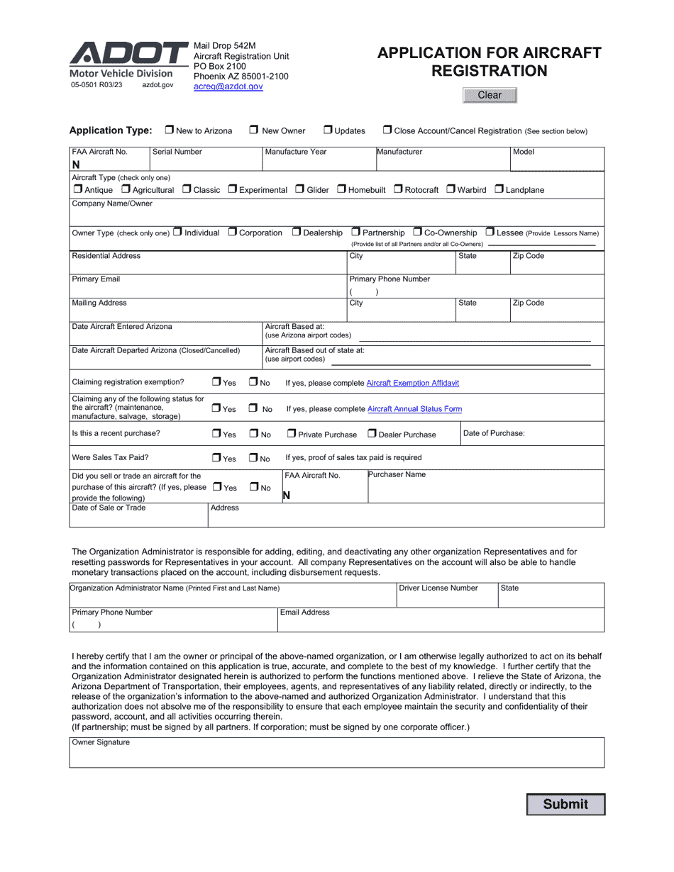 Form 05-0501 Application for Aircraft Registration - Arizona, Page 1