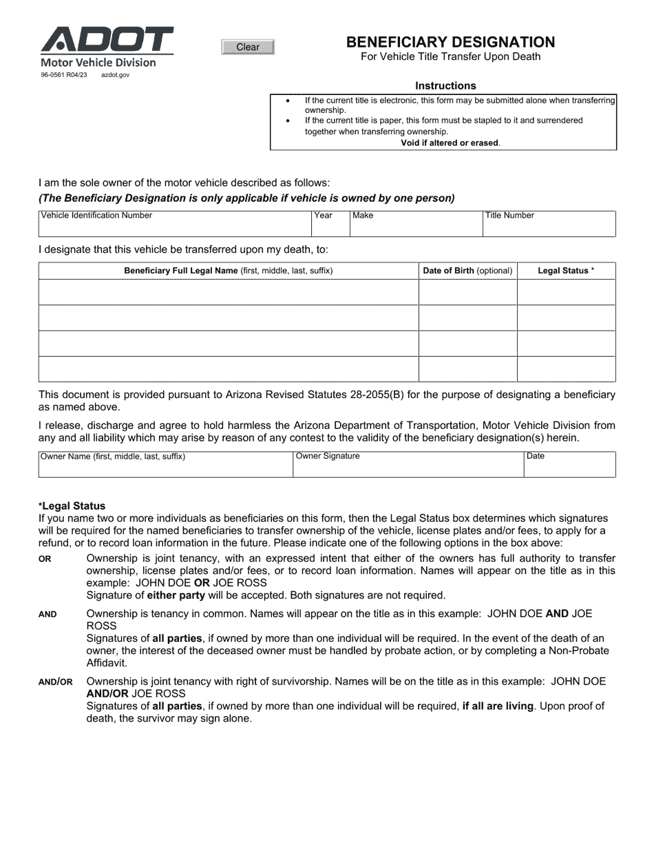 Form 96-0561 Beneficiary Designation for Vehicle Title Transfer Upon Death - Arizona, Page 1