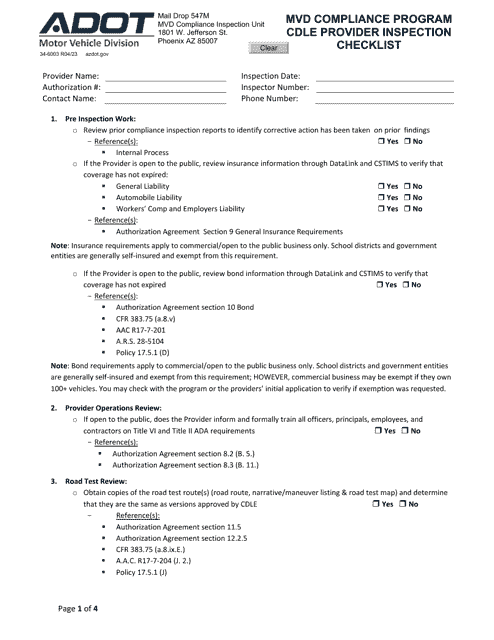 Form 34-6003 Mvd Compliance Program Cdle Provider Inspection Checklist - Arizona