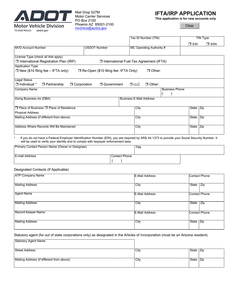 Form 70-0508 Ifta / Irp Application - Arizona, Page 1