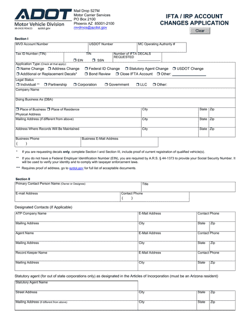 Form 96-0430 Ifta/Irp Account Changes Application - Arizona