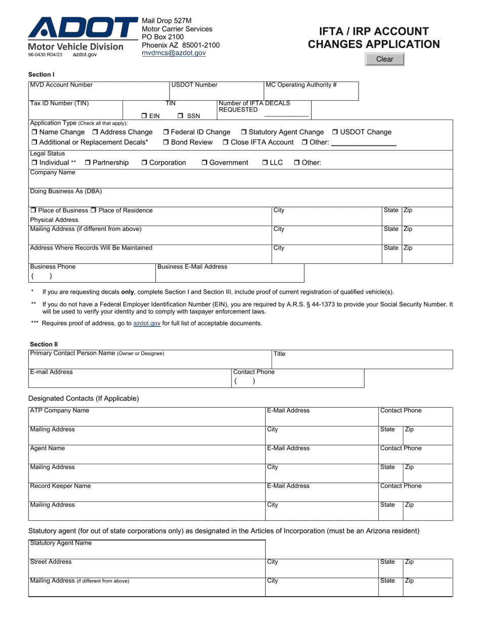 Form 96-0430 Ifta / Irp Account Changes Application - Arizona, Page 1