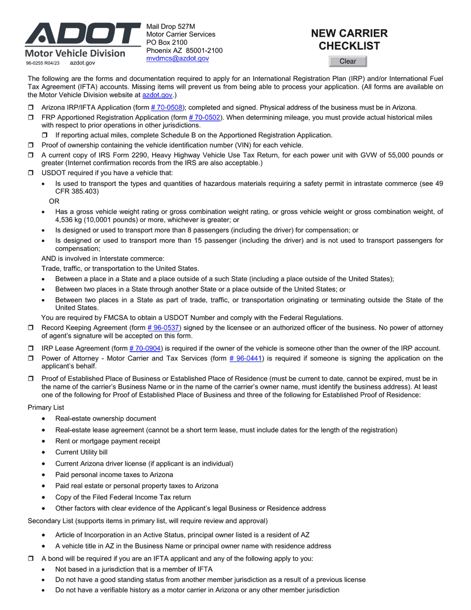 Form 96-0255 New Carrier Checklist - Arizona, Page 1