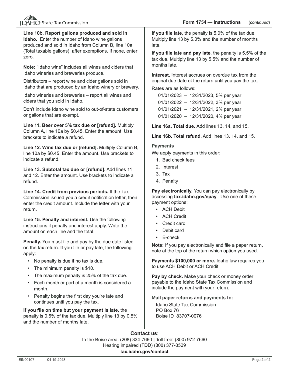 Instructions for Form 1754 Distributors, Wholesalers, Wineries, Direct Shippers, and Brewers of Beer Over 5% Alcohol by Volume Tax Return - Idaho, Page 2