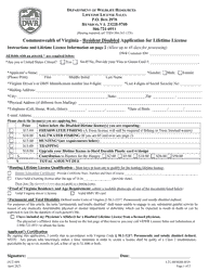 Document preview: Form OUT-004 Resident Disabled Application for Lifetime License - Virginia