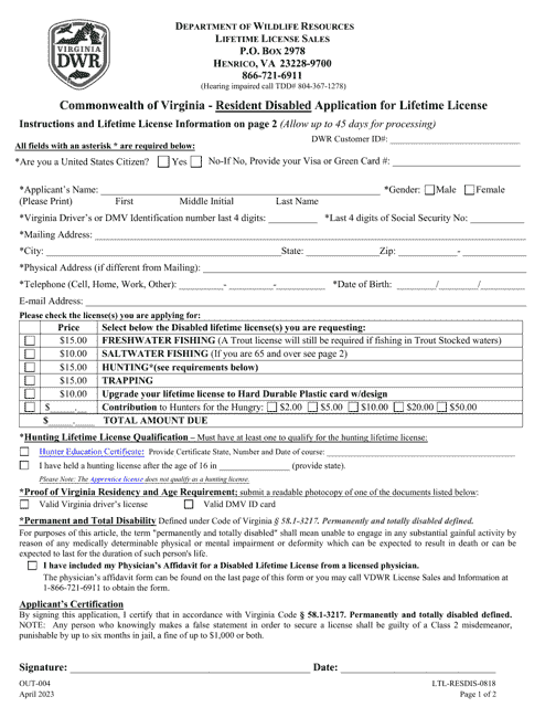 Form OUT-004 Resident Disabled Application for Lifetime License - Virginia