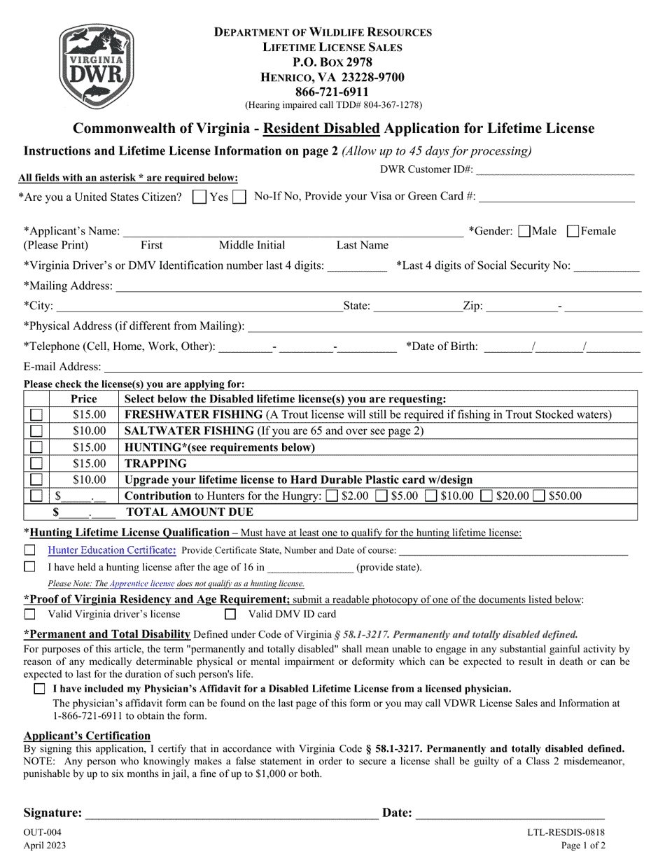 Form OUT-004 Resident Disabled Application for Lifetime License - Virginia, Page 1