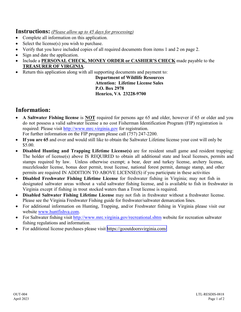 Form OUT-004 Resident Disabled Application for Lifetime License - Virginia, Page 2