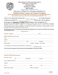 Document preview: Form OUT-006 Physician's Affidavit for a Permanent Disability for Disabled Lifetime Licenses and Treestand Exemption - Virginia