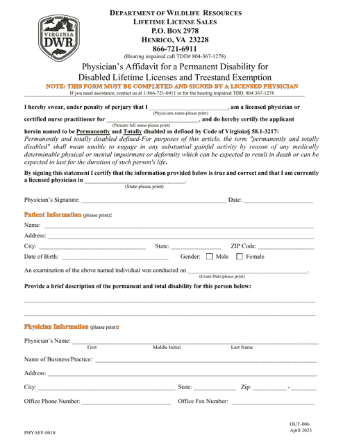 Form OUT-006 Physician's Affidavit for a Permanent Disability for Disabled Lifetime Licenses and Treestand Exemption - Virginia