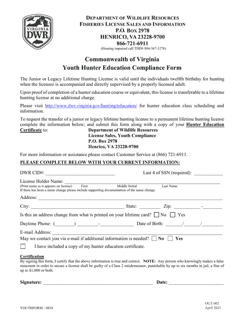 Form OUT-002 Youth Hunter Education Compliance Form - Virginia