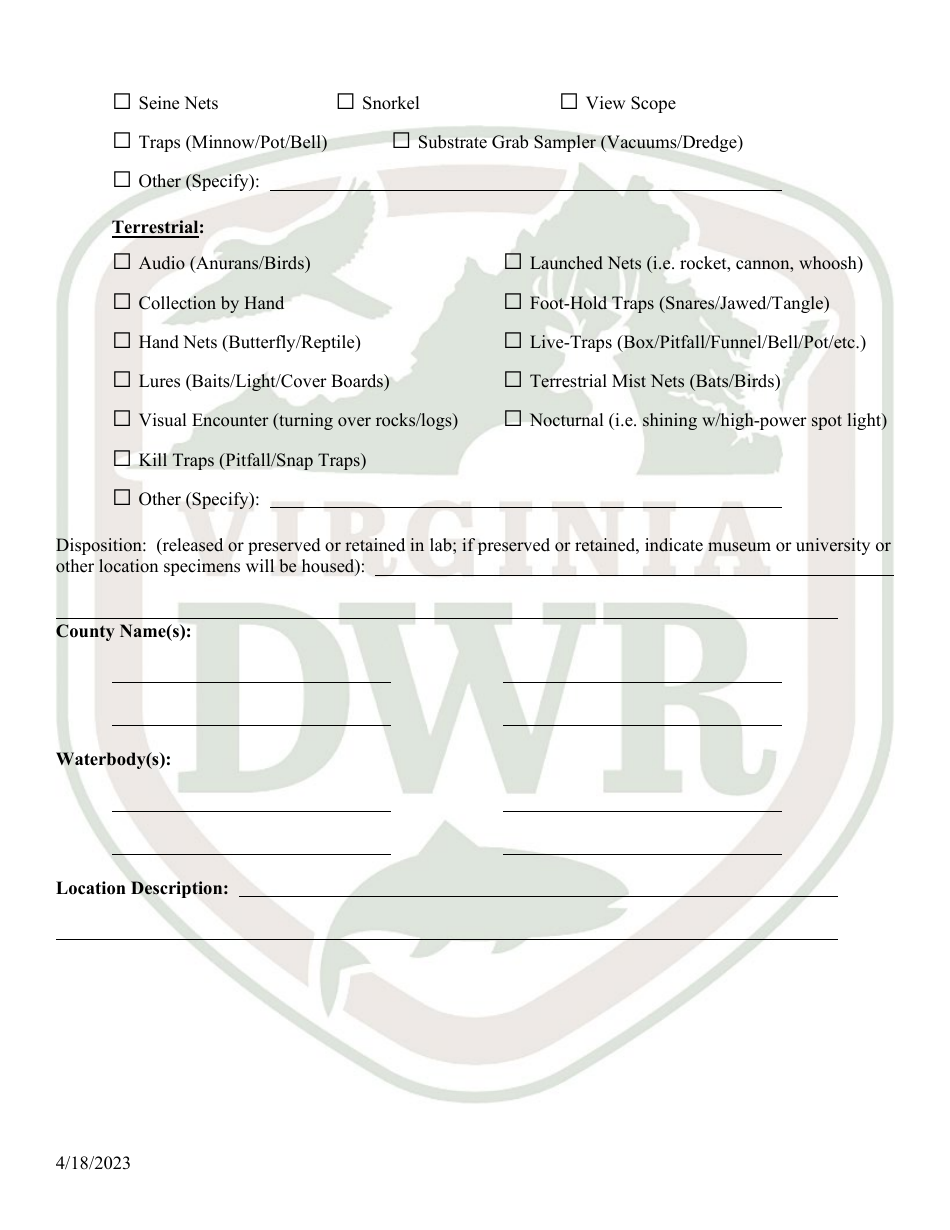 Application for Virginia Scientific Collection / Research / Survey Permit (28 - Scsv) - Virginia, Page 3