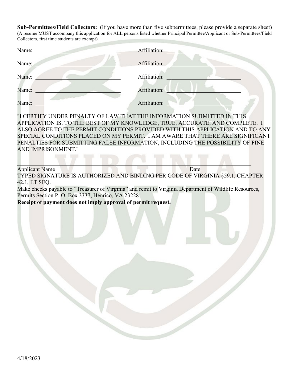 Application for Virginia Scientific Collection / Research / Survey Permit (28 - Scsv) - Virginia, Page 4