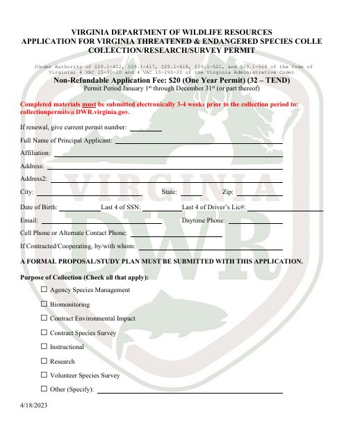 Application for Virginia Threatened & Endangered Species Colle Collection / Research / Survey Permit - Virginia Download Pdf