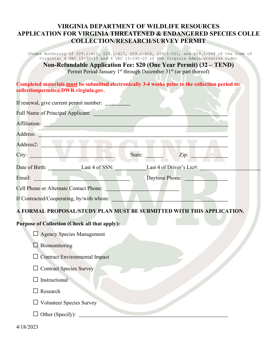 Application for Virginia Threatened  Endangered Species Colle Collection / Research / Survey Permit - Virginia, Page 1