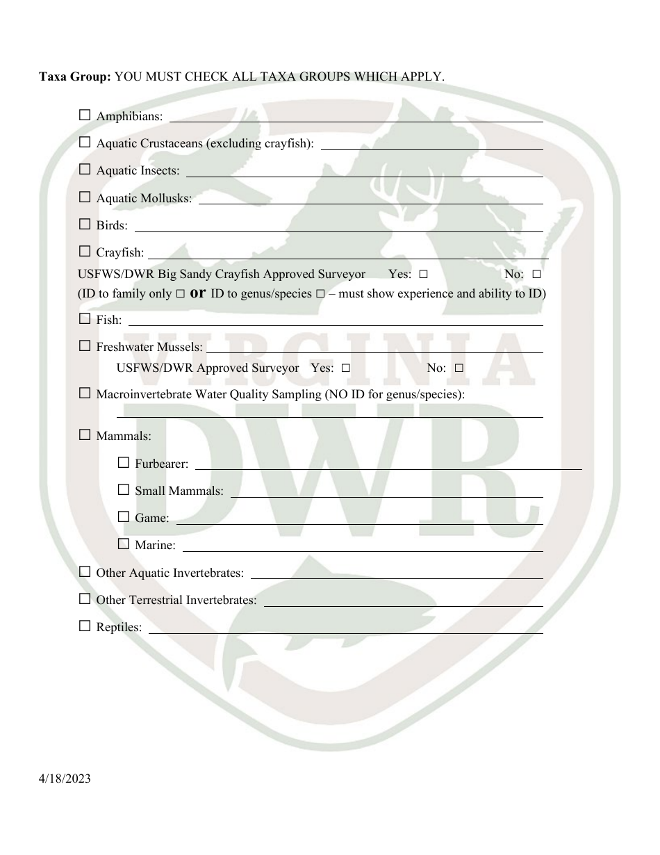 Application for Virginia Threatened  Endangered Species Colle Collection / Research / Survey Permit - Virginia, Page 2