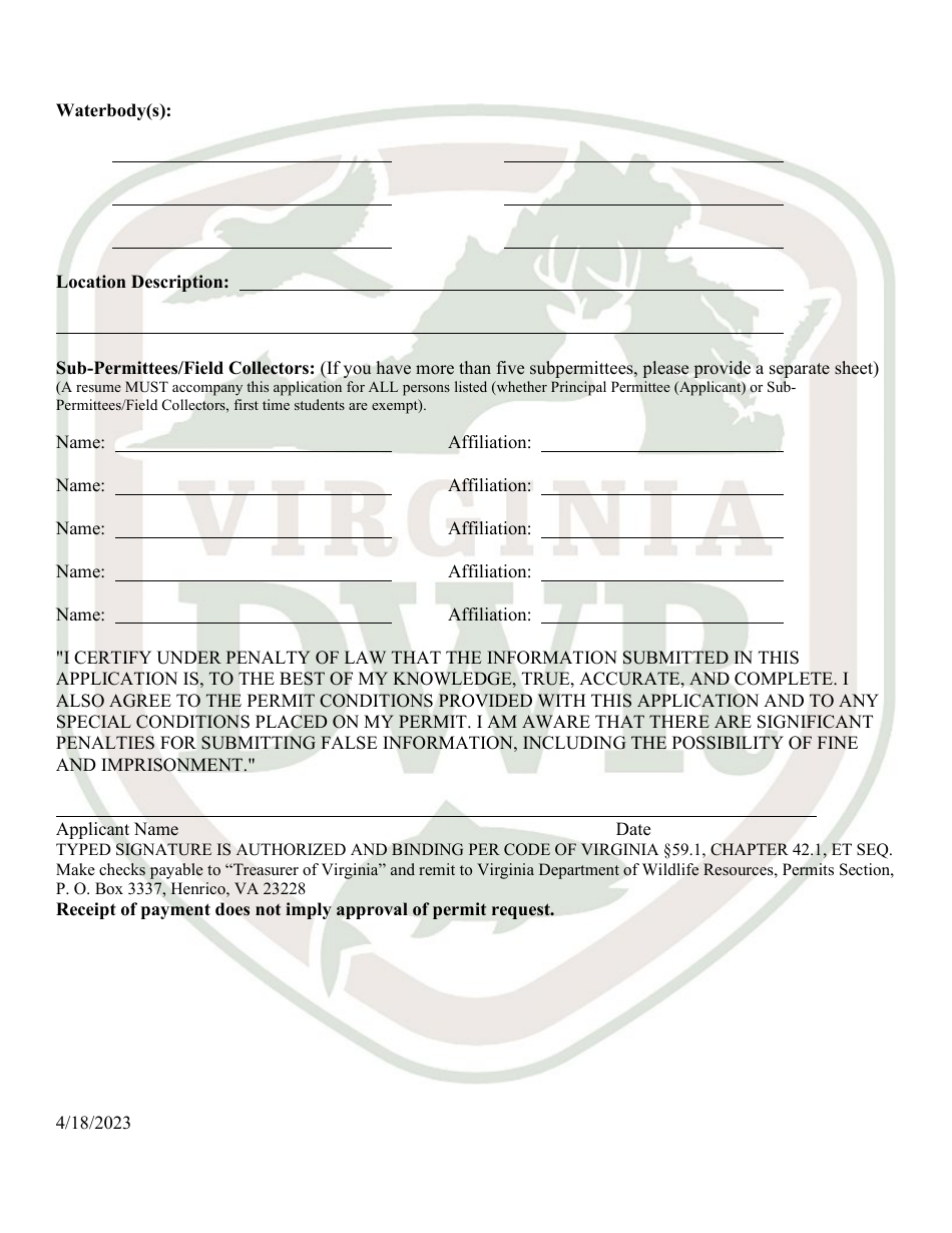 Application for Virginia Threatened  Endangered Species Colle Collection / Research / Survey Permit - Virginia, Page 4