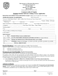 Form OUT-005 Disabled Lifetime Saltwater Fishing License Application - Virginia