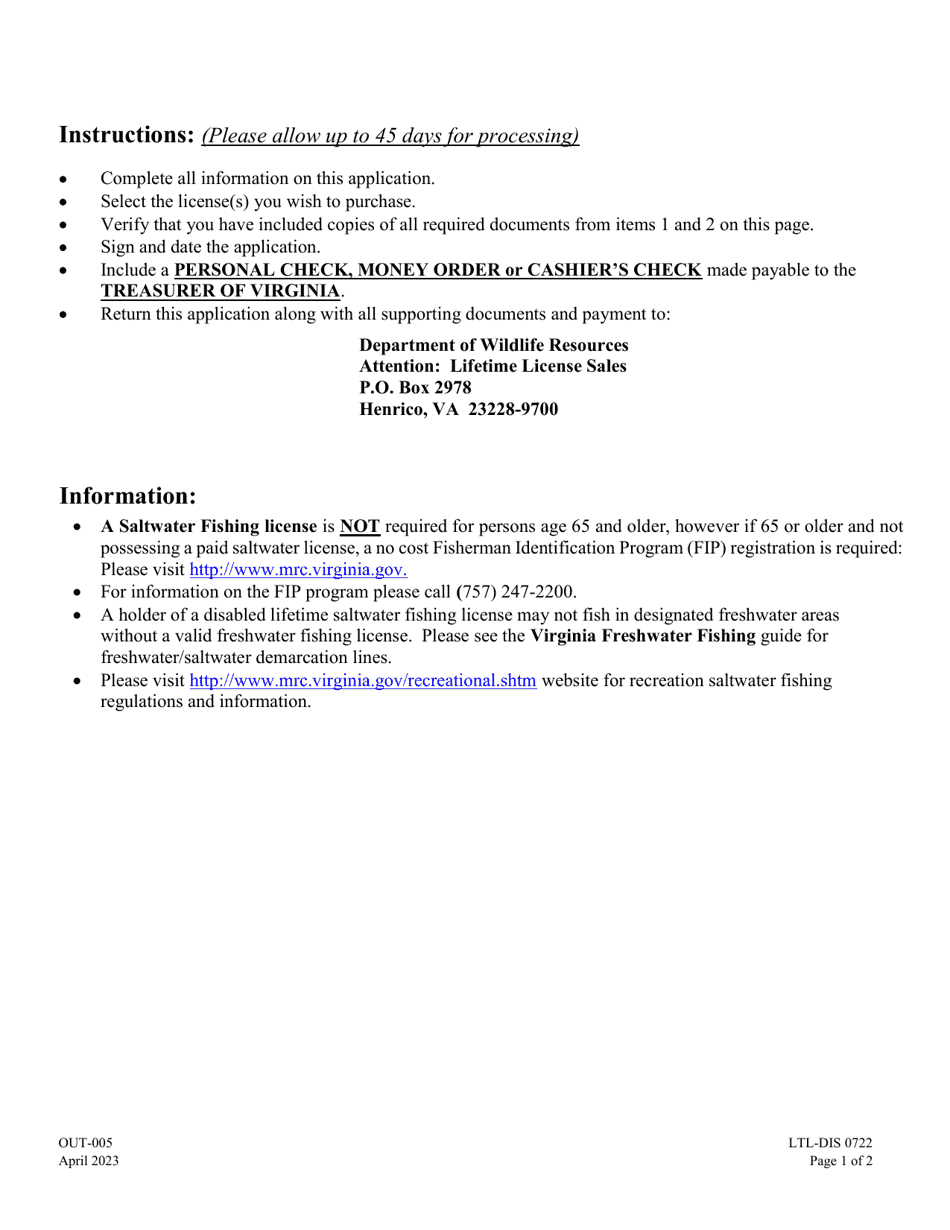 Form OUT-005 Disabled Lifetime Saltwater Fishing License Application - Virginia, Page 2
