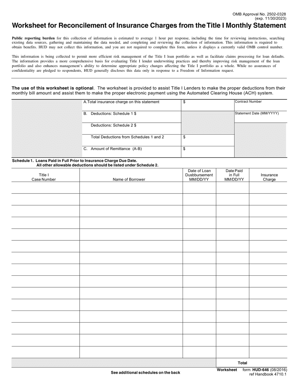 Form HUD-646 Worksheet for Reconcilement of Insurance Charges From the Title I Monthly Statement, Page 1