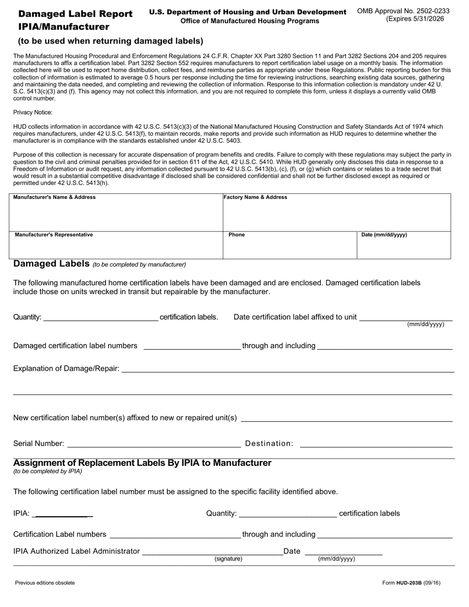 Form HUD-203B Damaged Label Report Ipia / Manufacturer, Page 1