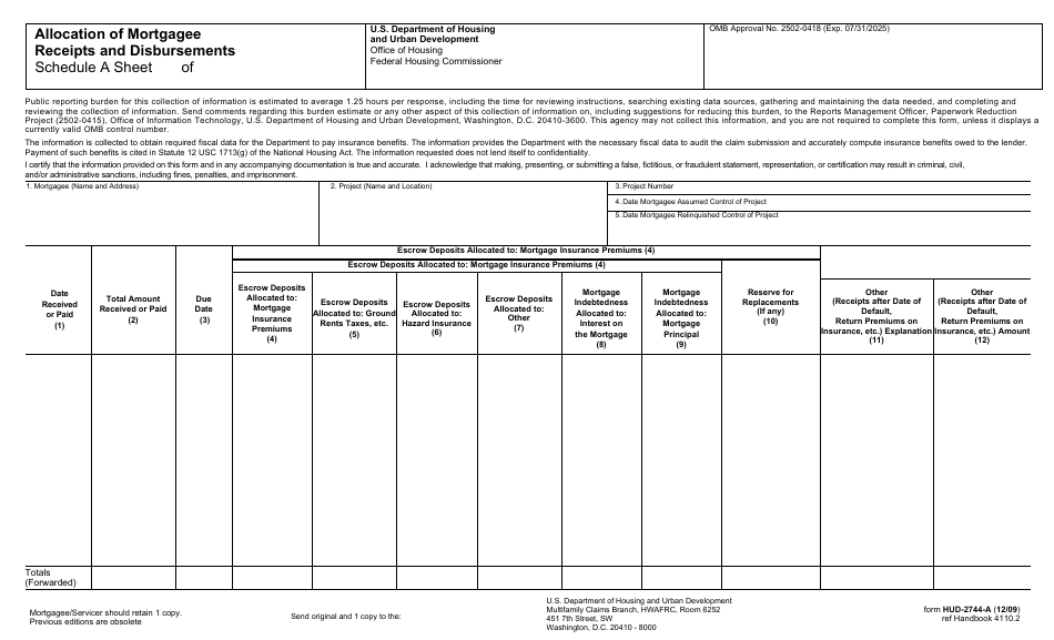 Form HUD-2744-A Schedule A Allocation of Mortgagee Receipts and Disbursements, Page 1