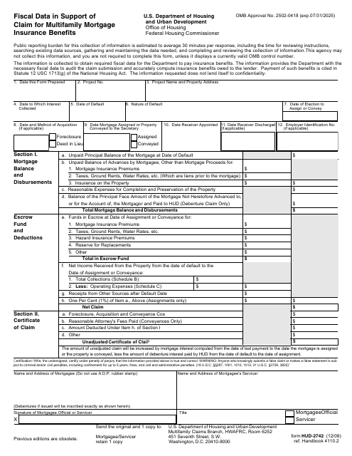 Form HUD-2742 Fiscal Data in Support of Claim for Multifamily Mortgage Insurance Benefits
