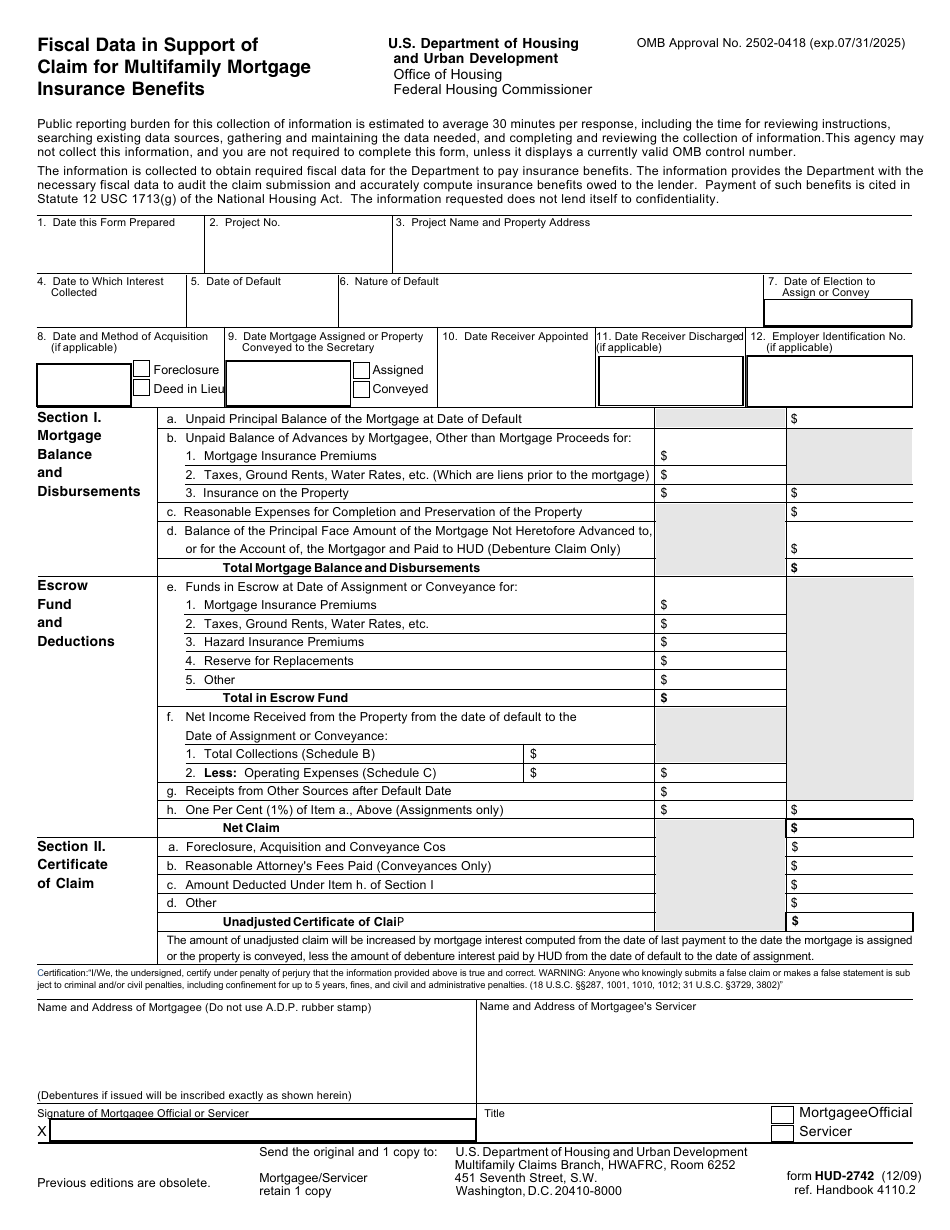 Form HUD-2742 Fiscal Data in Support of Claim for Multifamily Mortgage Insurance Benefits, Page 1