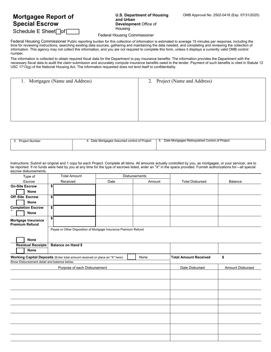 Form HUD-2744-E Mortgagee Report of Special Escrow, Page 1