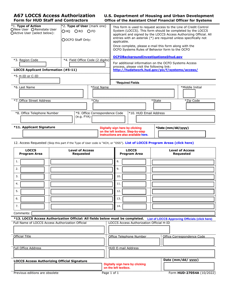 Form HUD-27054A Loccs Access Authorization Form for Hud Staff and Contractor, Page 1