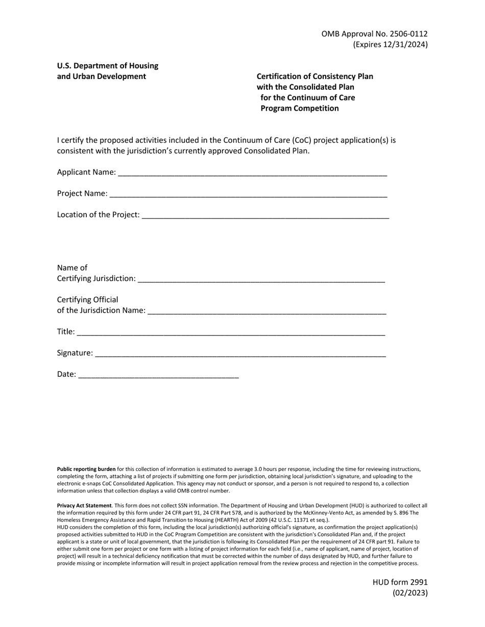 Form HUD-2991 Certification of Consistency Plan With the Consolidated Plan for the Continuum of Care Program Competition, Page 1
