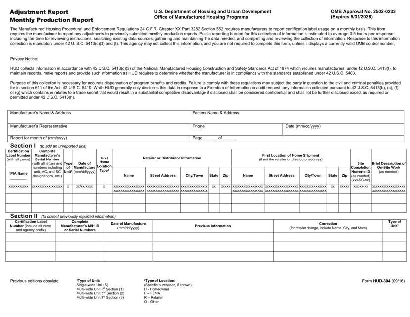 Form HUD-304 Adjustment Report Monthly Production Report