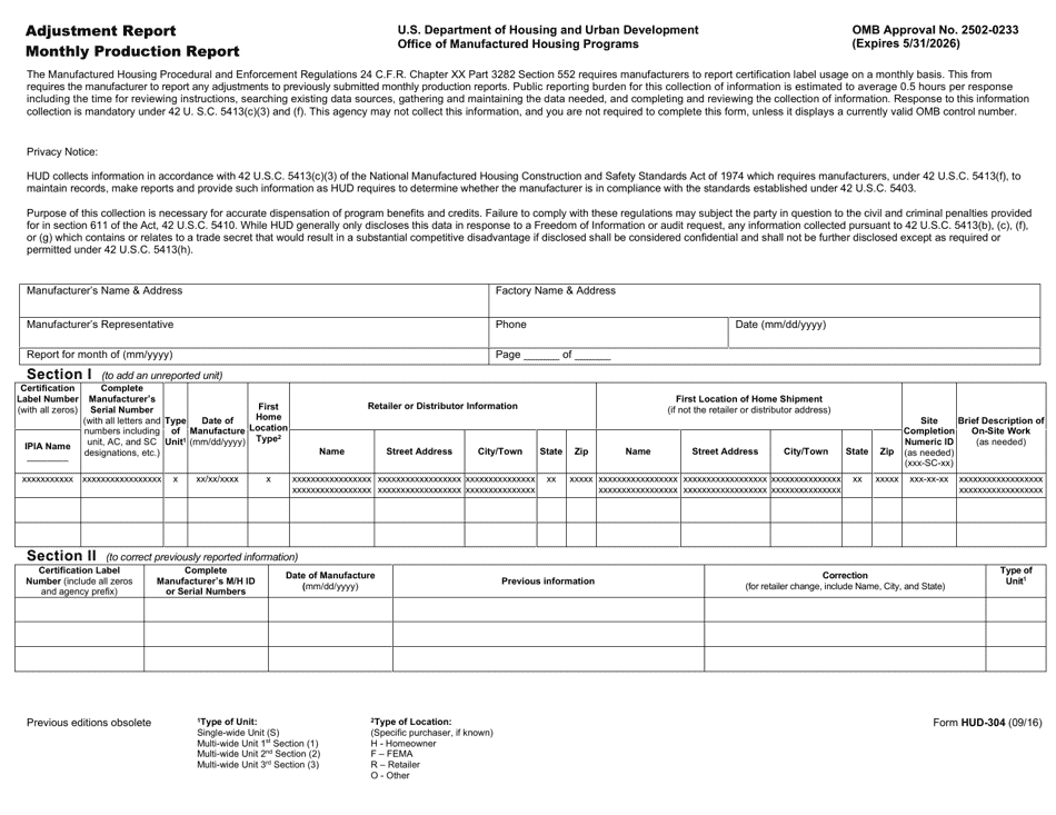 Form HUD-304 Adjustment Report Monthly Production Report, Page 1