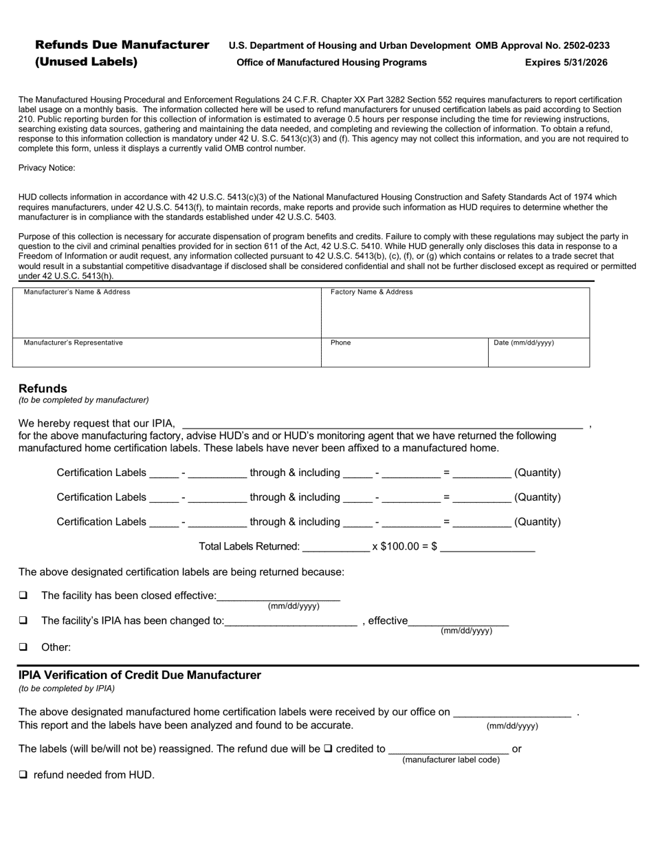 Form HUD-303 Refunds Due Manufacturer (Unused Labels), Page 1