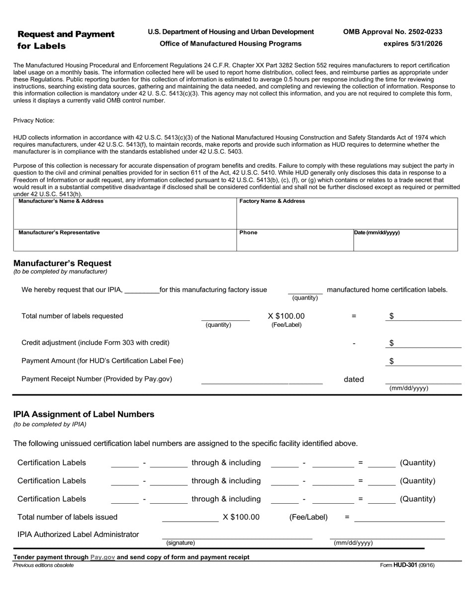 Form HUD-301 Request and Payment for Labels, Page 1