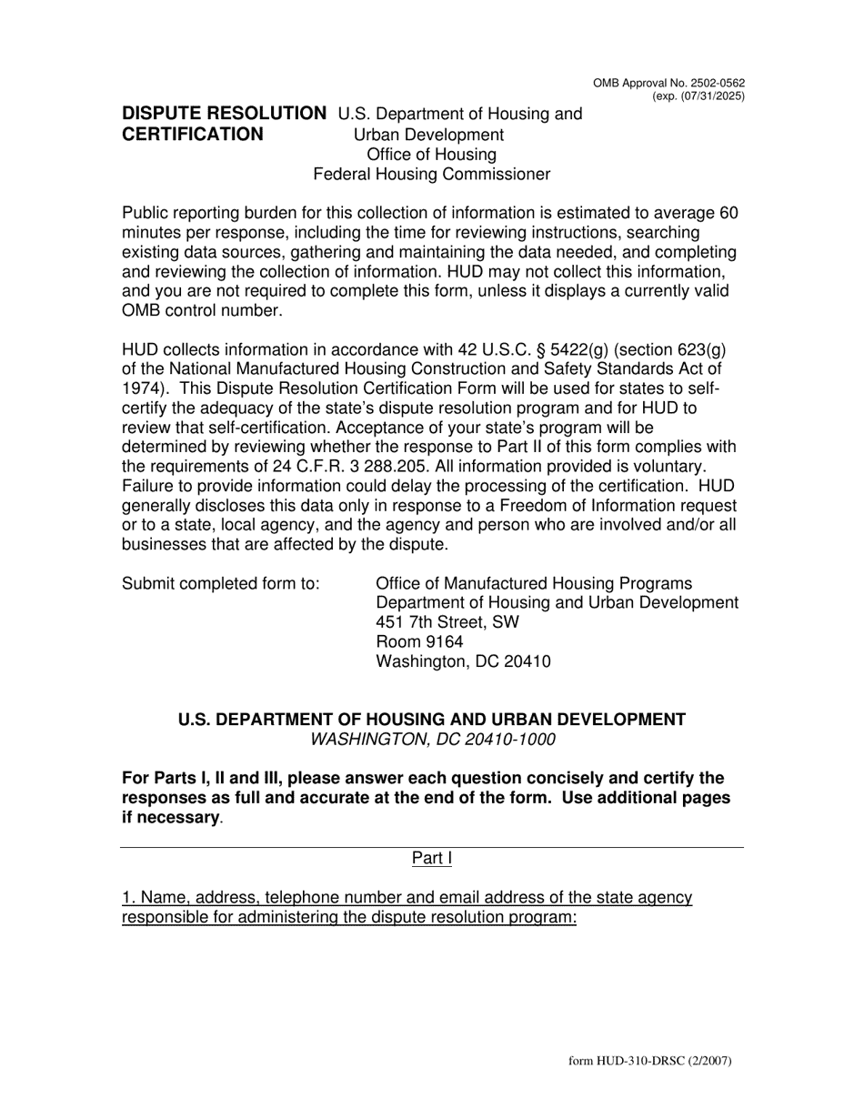 Form HUD-310-DRSC Dispute Resolution Certification, Page 1