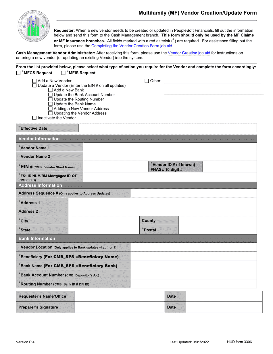 Form HUD-3306 Multifamily (Mf) Vendor Creation / Update Form, Page 1