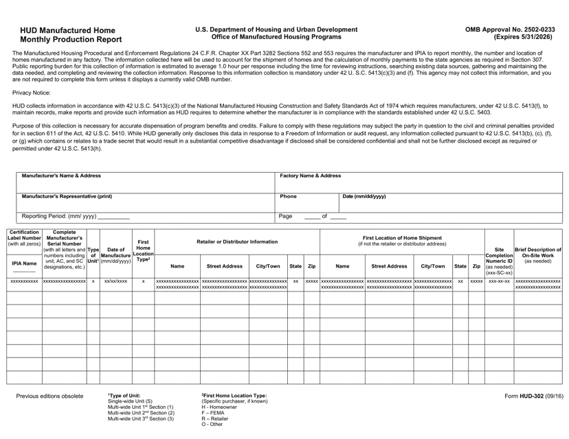 Form HUD-302 Hud Manufactured Home Monthly Production Report