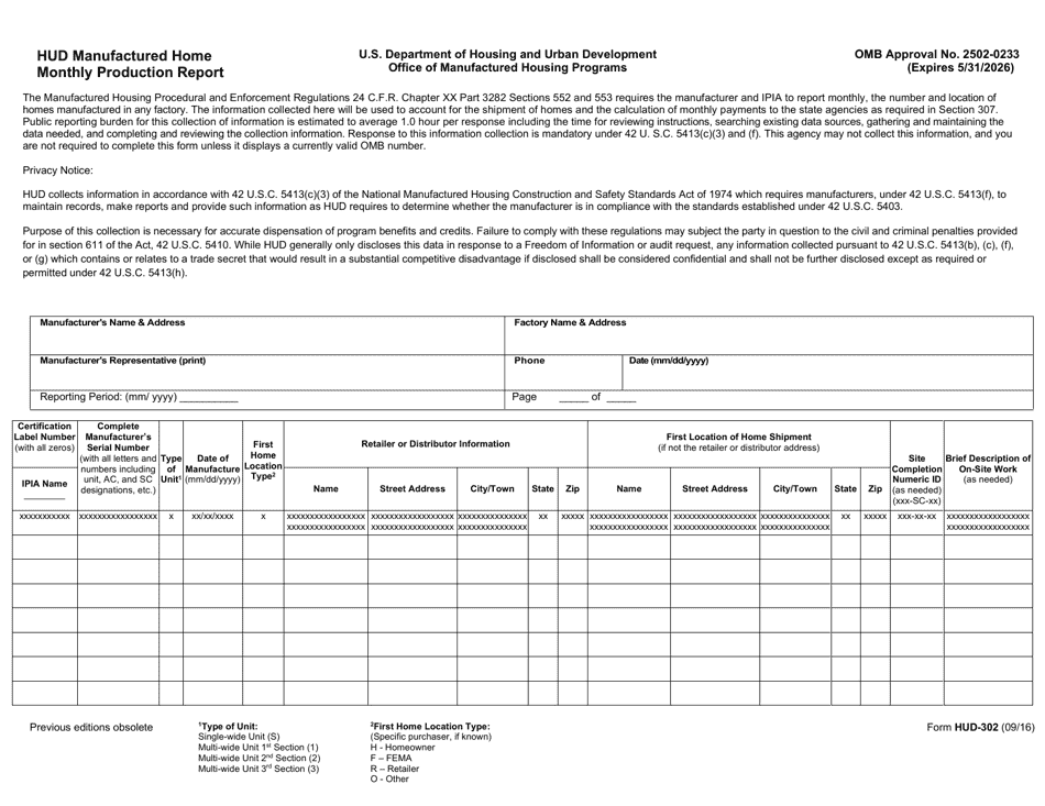 Form HUD-302 Hud Manufactured Home Monthly Production Report, Page 1