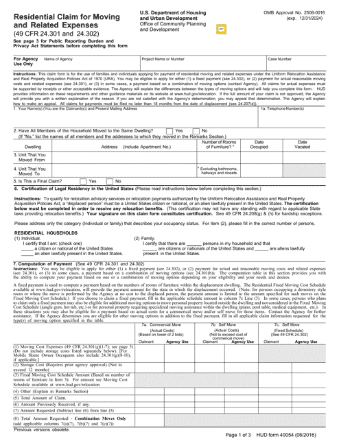 Form HUD-40054 Residential Claim for Moving and Related Expenses