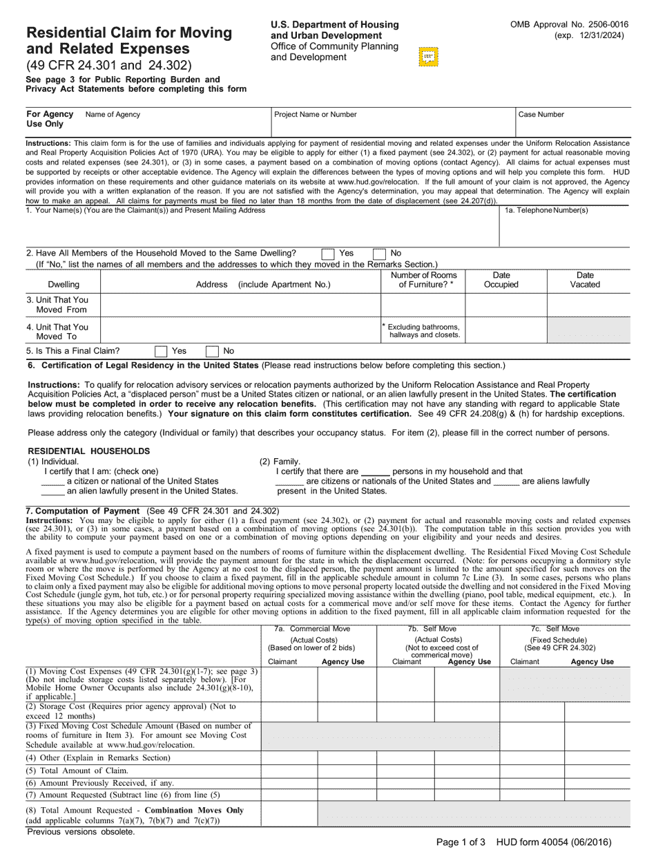 Form HUD-40054 Residential Claim for Moving and Related Expenses, Page 1