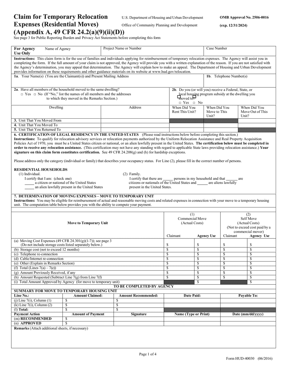 Form HUD-40030 Claim for Temporary Relocation Expenses (Residential Moves) (Appendix a, 49 Cfr 24.2(A)(9)(II)(D)), Page 1