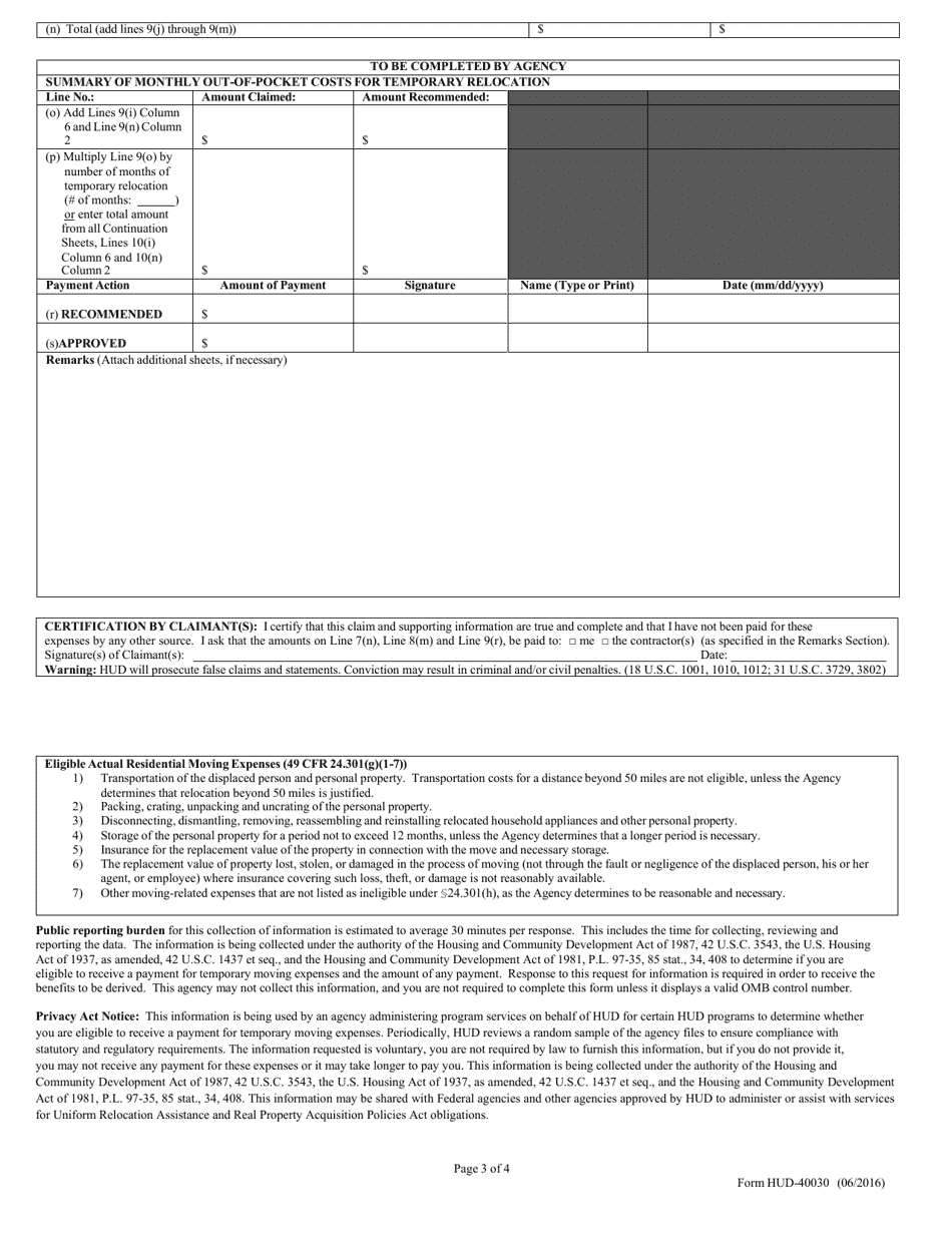 Form HUD-40030 Claim for Temporary Relocation Expenses (Residential Moves) (Appendix a, 49 Cfr 24.2(A)(9)(II)(D)), Page 3