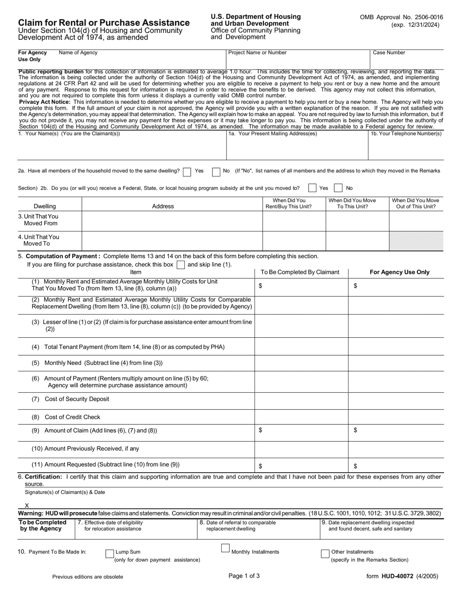 Form HUD-40072 Claim for Rental or Purchase Assistance (Under SEC. 104(D) of Housing and Community Dev. Act of 1974, as Amended), Page 1