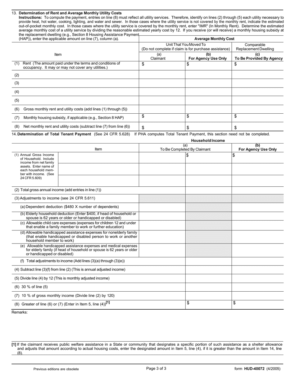 Form HUD-40072 Claim for Rental or Purchase Assistance (Under SEC. 104(D) of Housing and Community Dev. Act of 1974, as Amended), Page 3
