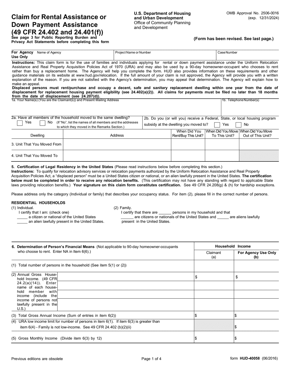 Form HUD-40058 Claim for Rental Assistance or Downpayment Assistance, Page 1